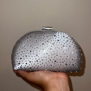 Light Silver Bedazzled Satin Clutch - Perfect for Evening Events